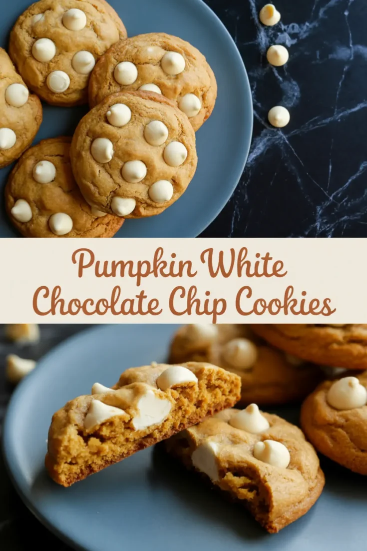 Collage featuring pumpkin white chocolate chip cookies on a plate and a close-up of soft, chewy cookie interior, with stylized text “Pumpkin White Chocolate Chip Cookies.”