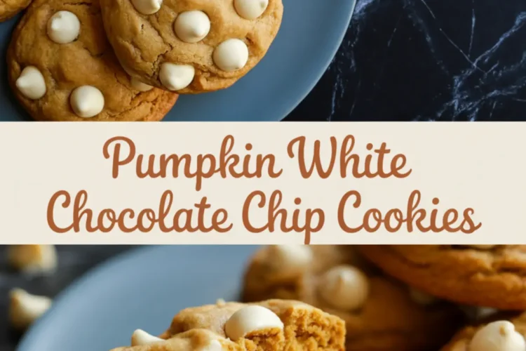 Collage featuring pumpkin white chocolate chip cookies on a plate and a close-up of soft, chewy cookie interior, with stylized text “Pumpkin White Chocolate Chip Cookies.”
