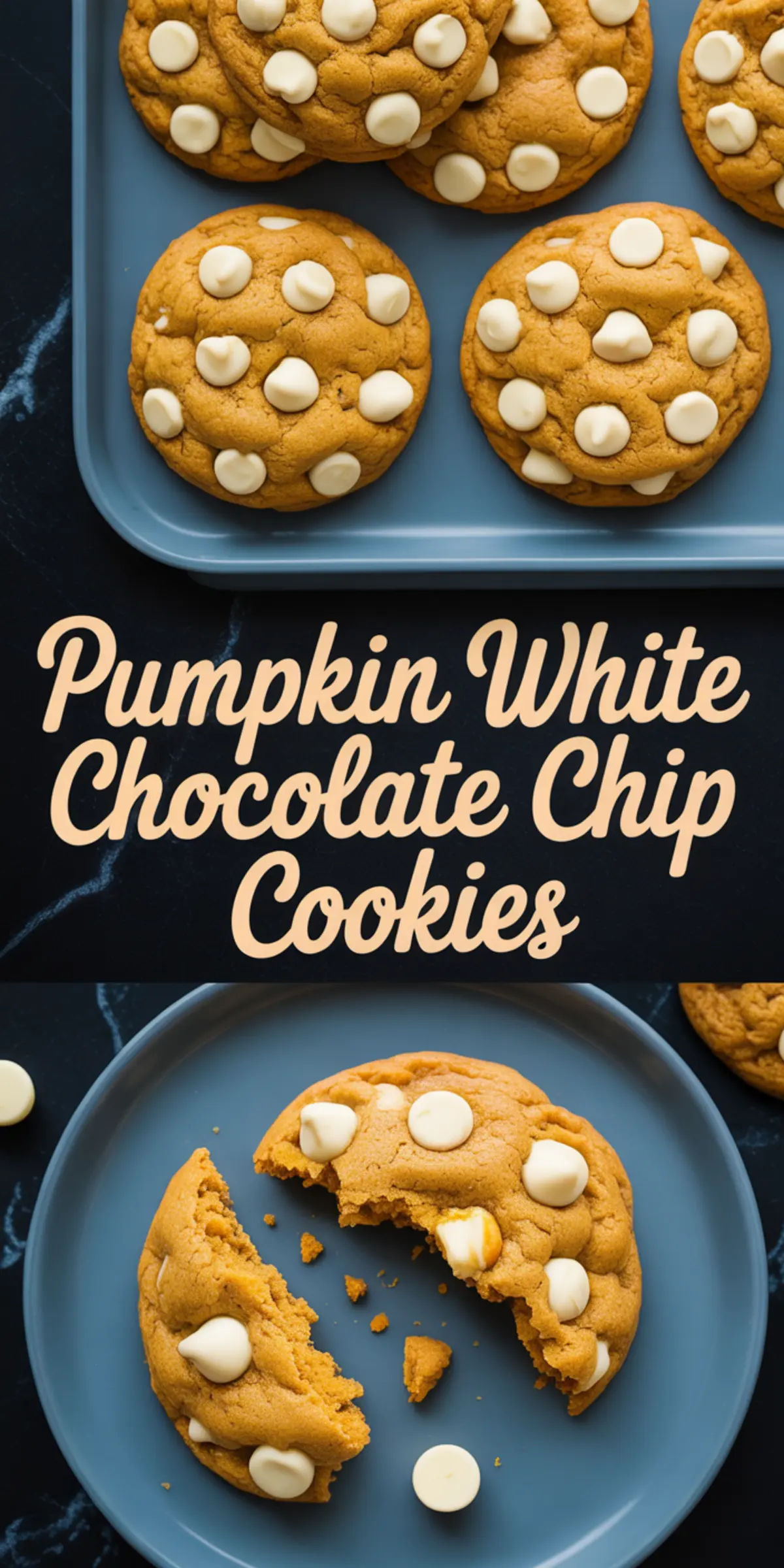Collage with a tray of baked pumpkin cookies topped with white chocolate chips and a single cookie broken in half, labeled “Pumpkin White Chocolate Chip Cookies.”