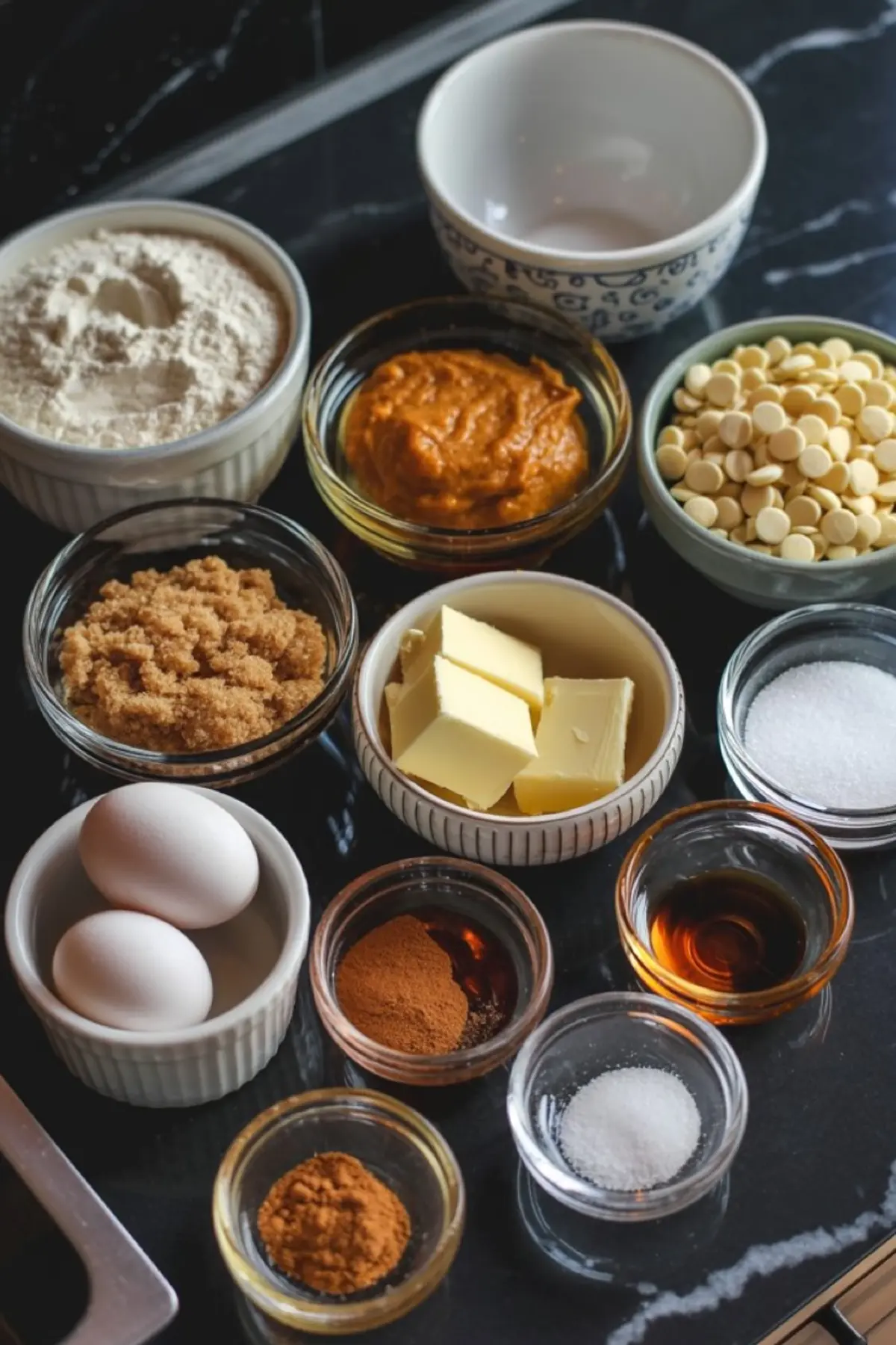 Overhead view of ingredients for pumpkin cookies arranged on a dark countertop, including flour, canned pumpkin, white chocolate chips, brown sugar, butter, eggs, cinnamon, vanilla, salt, and baking soda.