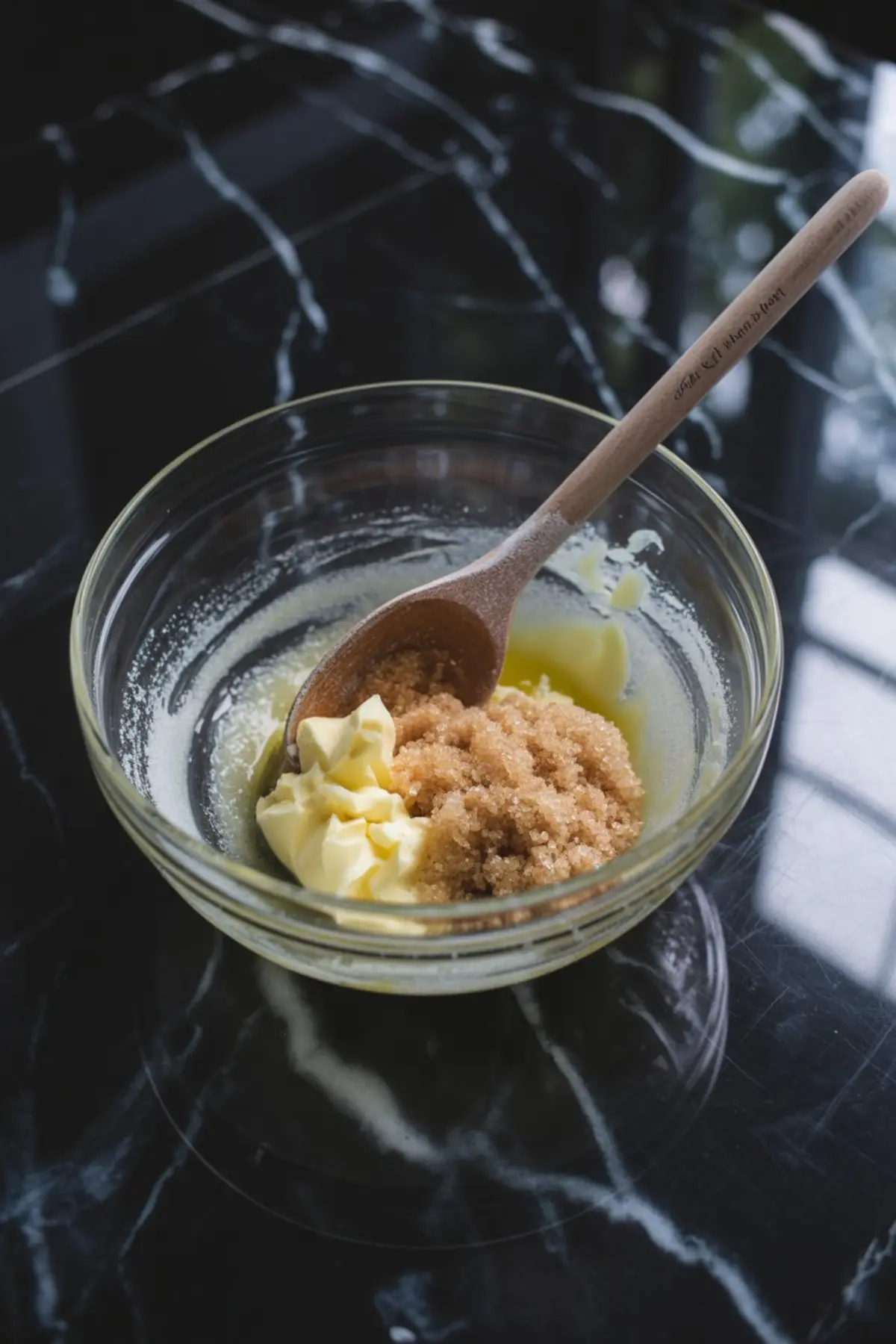 Glass bowl with softened butter and brown sugar being creamed with a wooden spoon, set against a reflective dark kitchen surface.