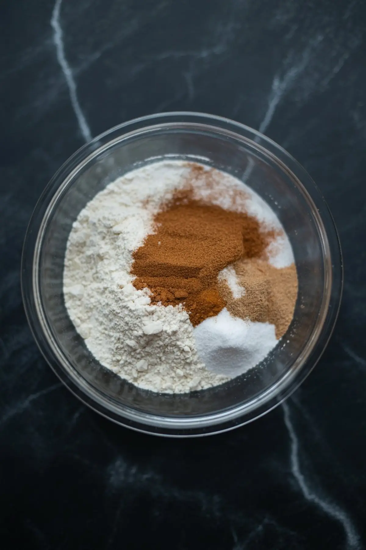 Clear bowl filled with flour, cinnamon, nutmeg, baking soda, and other dry baking ingredients before mixing.