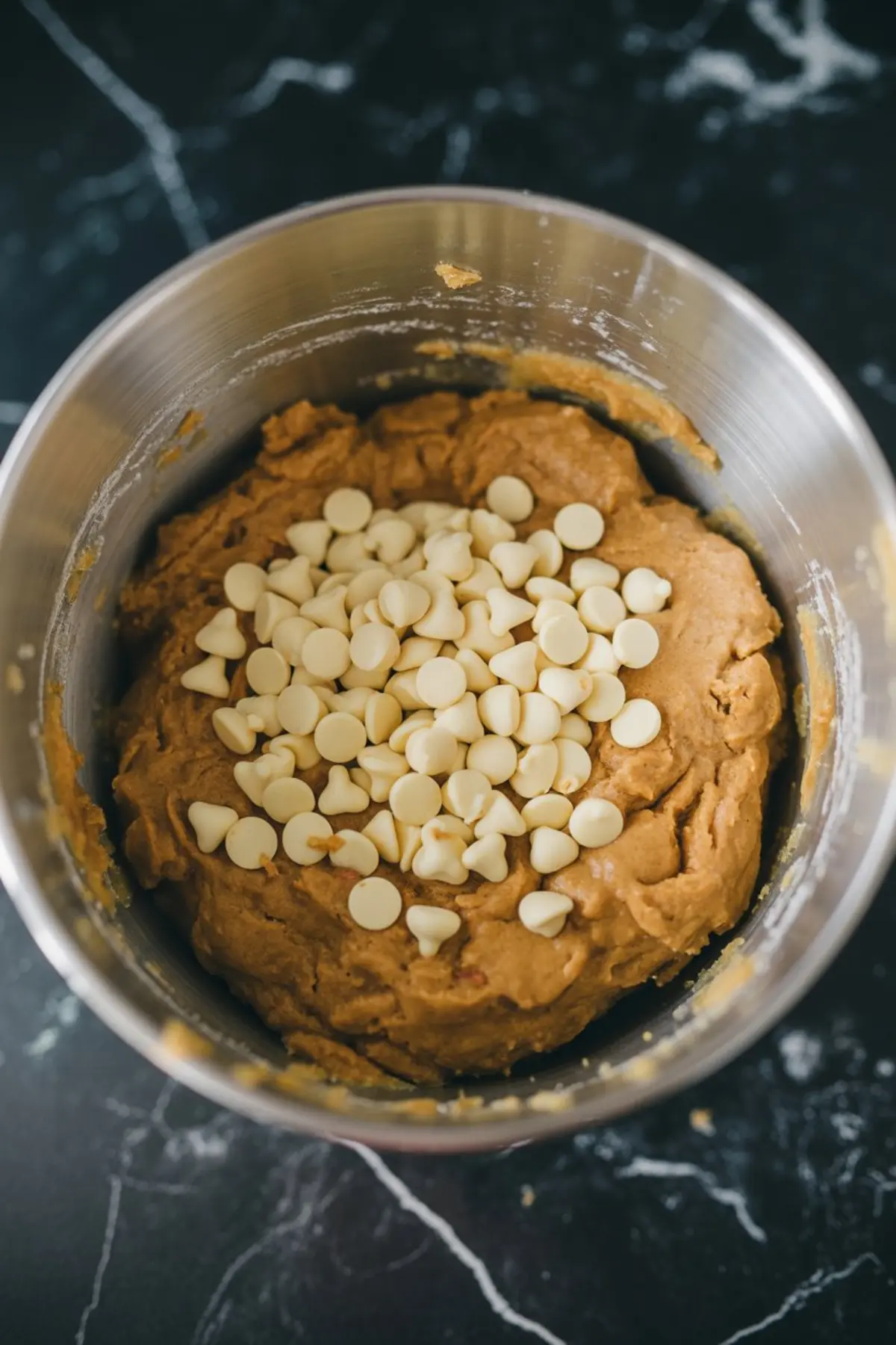 White chocolate chips added to thick cookie dough in a metal bowl, preparing for mixing before baking.