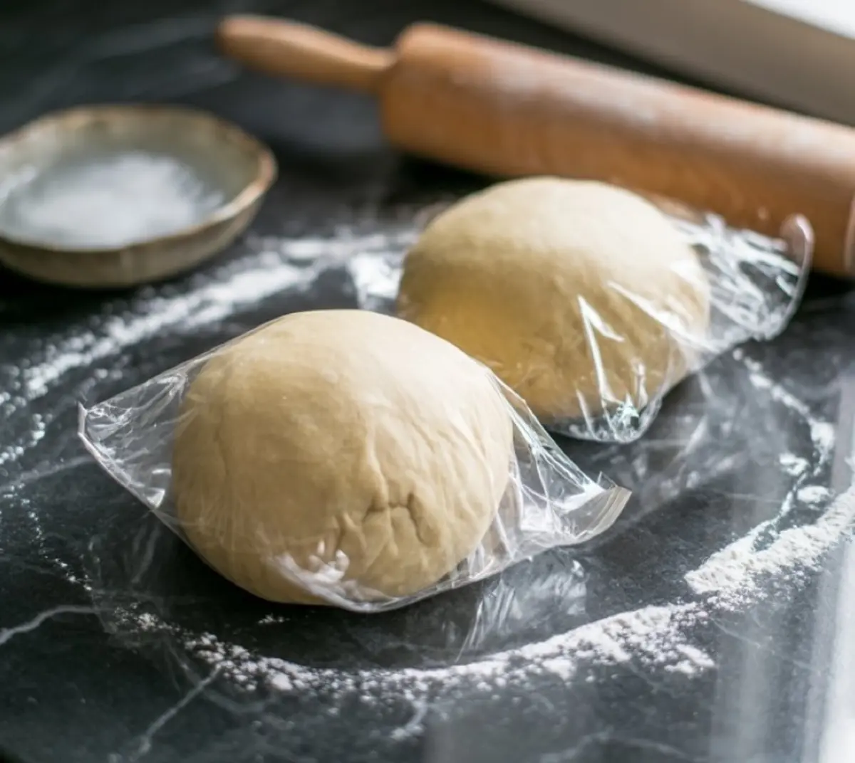Two rounds of dough covered in plastic wrap resting on a floured black countertop, with a wooden rolling pin and a flour bowl in the background.