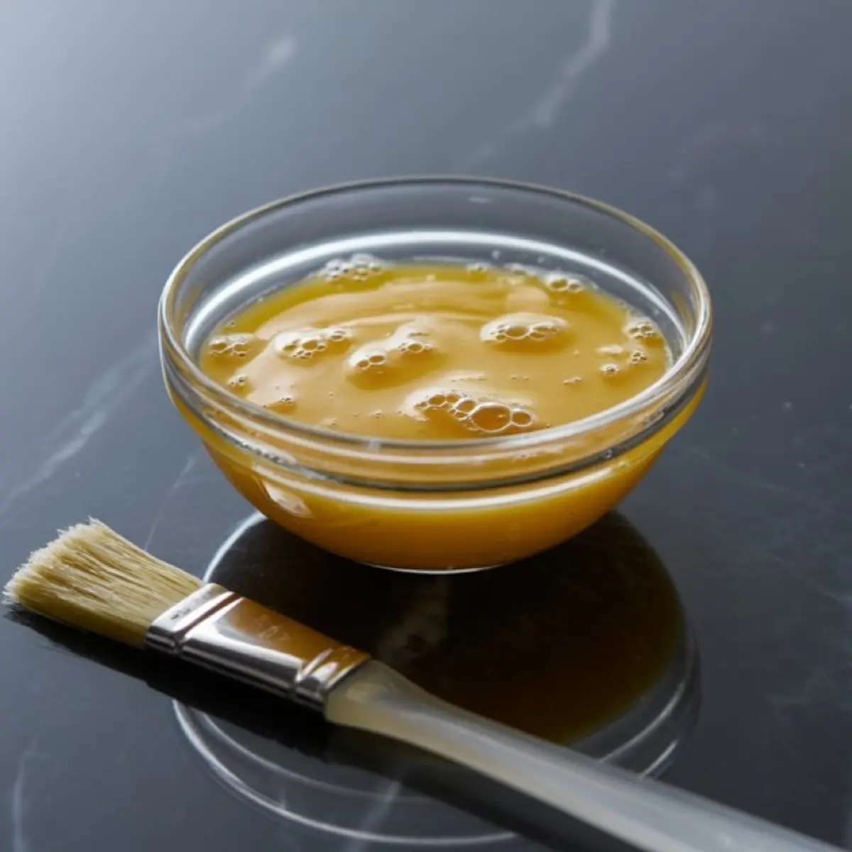 Clear glass bowl filled with bubbly egg wash, placed on a dark marble surface beside a pastry brush with white bristles and a plastic handle.