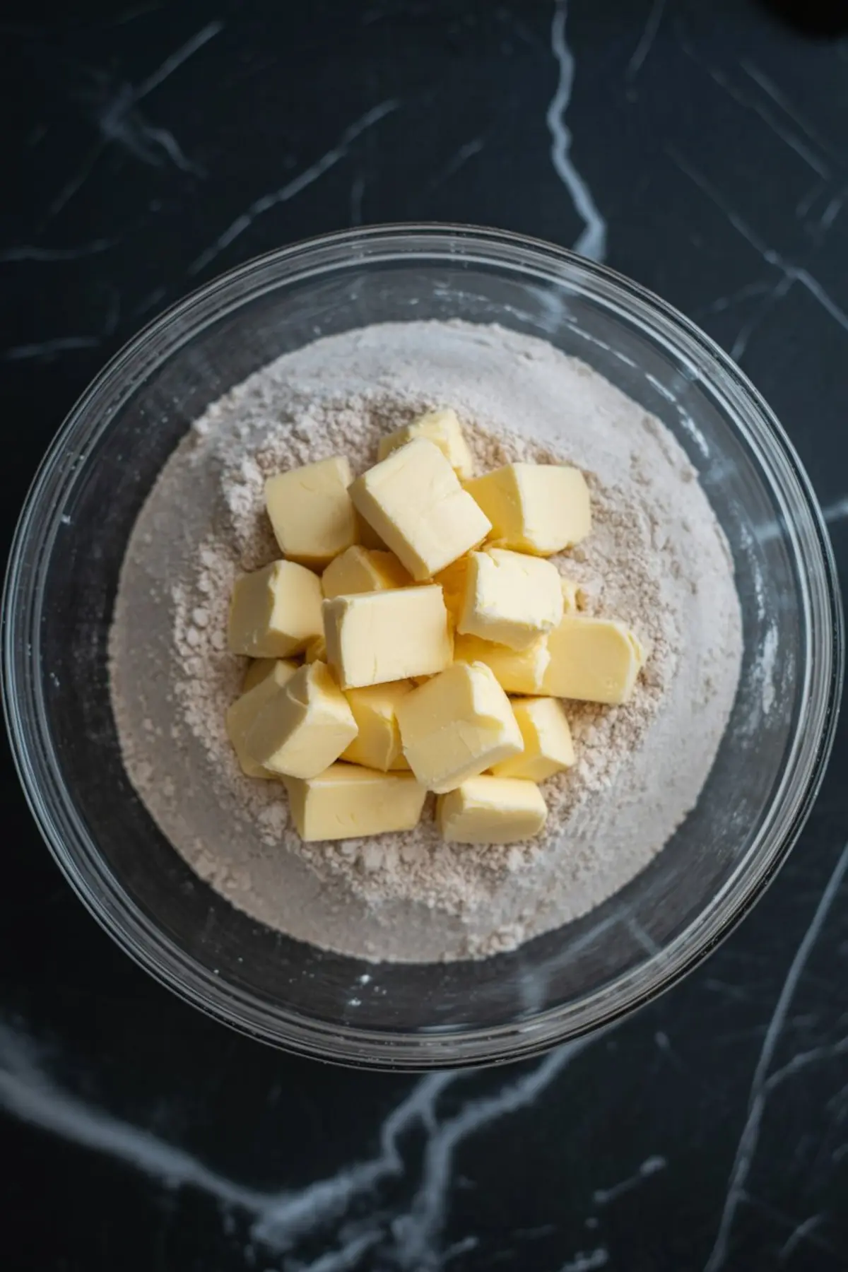 Cubes of cold butter sitting atop a bowl of flour, captured from above on a dark marble surface for pie crust preparation.