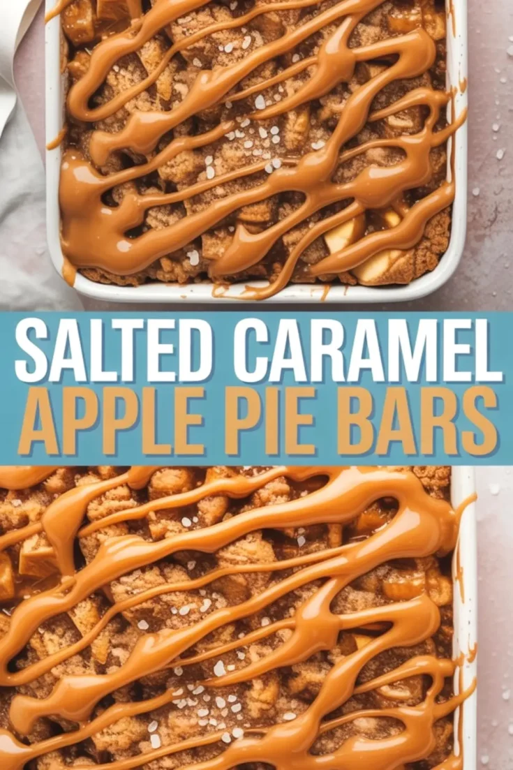 Close-up collage image of salted caramel apple pie bars in a baking dish and a plated slice, featuring golden crumble topping, thick apple layers, and drizzled caramel with sea salt flakes.