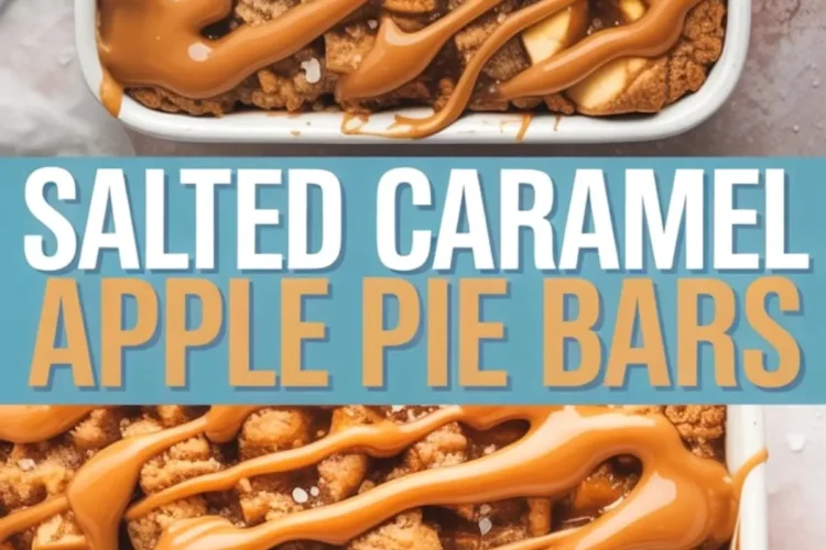 Close-up collage image of salted caramel apple pie bars in a baking dish and a plated slice, featuring golden crumble topping, thick apple layers, and drizzled caramel with sea salt flakes.