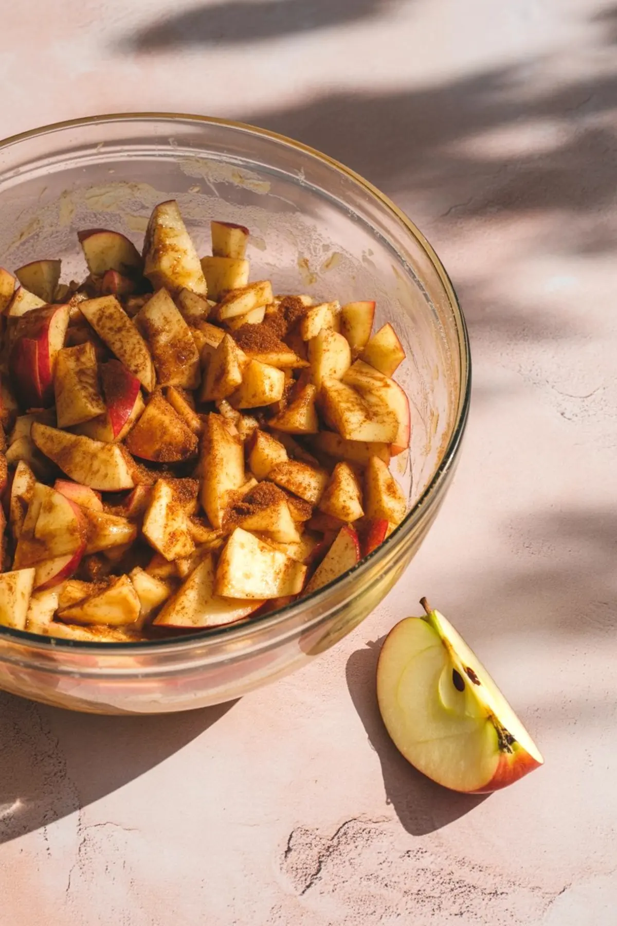 Bowl of chopped apples mixed with brown sugar and cinnamon on a light pink surface, with a fresh apple slice placed nearby.