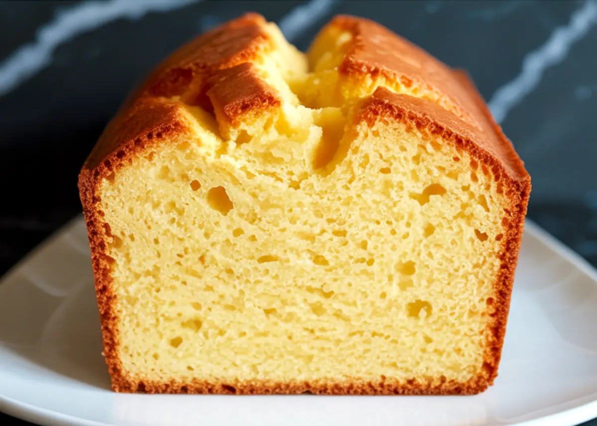 Close-up of a sliced sour cream pound cake with a golden brown crust and soft yellow crumb served on a white plate.
