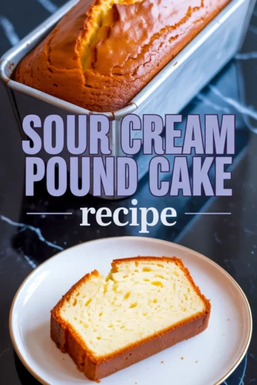 Overhead view of a freshly baked golden brown sour cream pound cake in a metal loaf pan with a sliced piece on a plate below, labeled “Sour Cream Pound Cake Recipe.”
