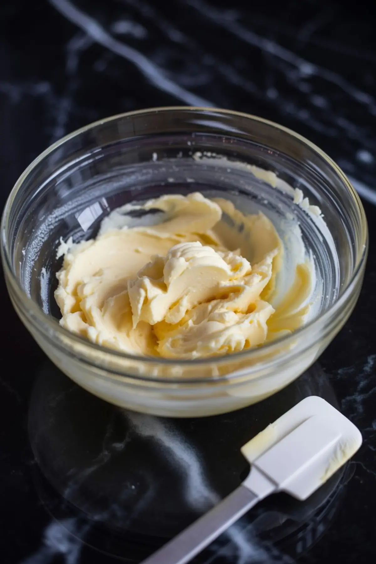 A glass mixing bowl filled with whipped butter on a black marble surface, with a white silicone spatula resting beside it.