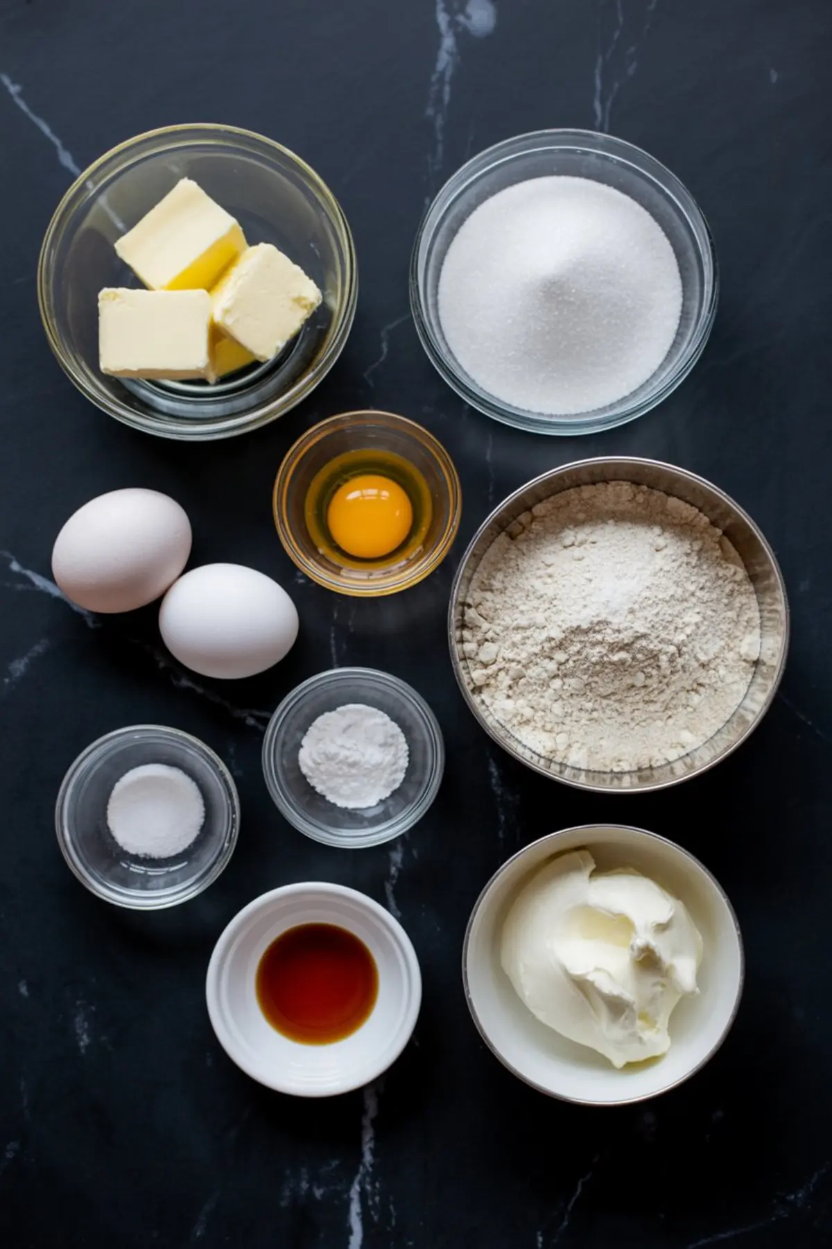 Flat lay of baking ingredients including butter, sugar, eggs, flour, vanilla extract, baking powder, salt, and sour cream arranged in glass and metal bowls on a dark countertop.