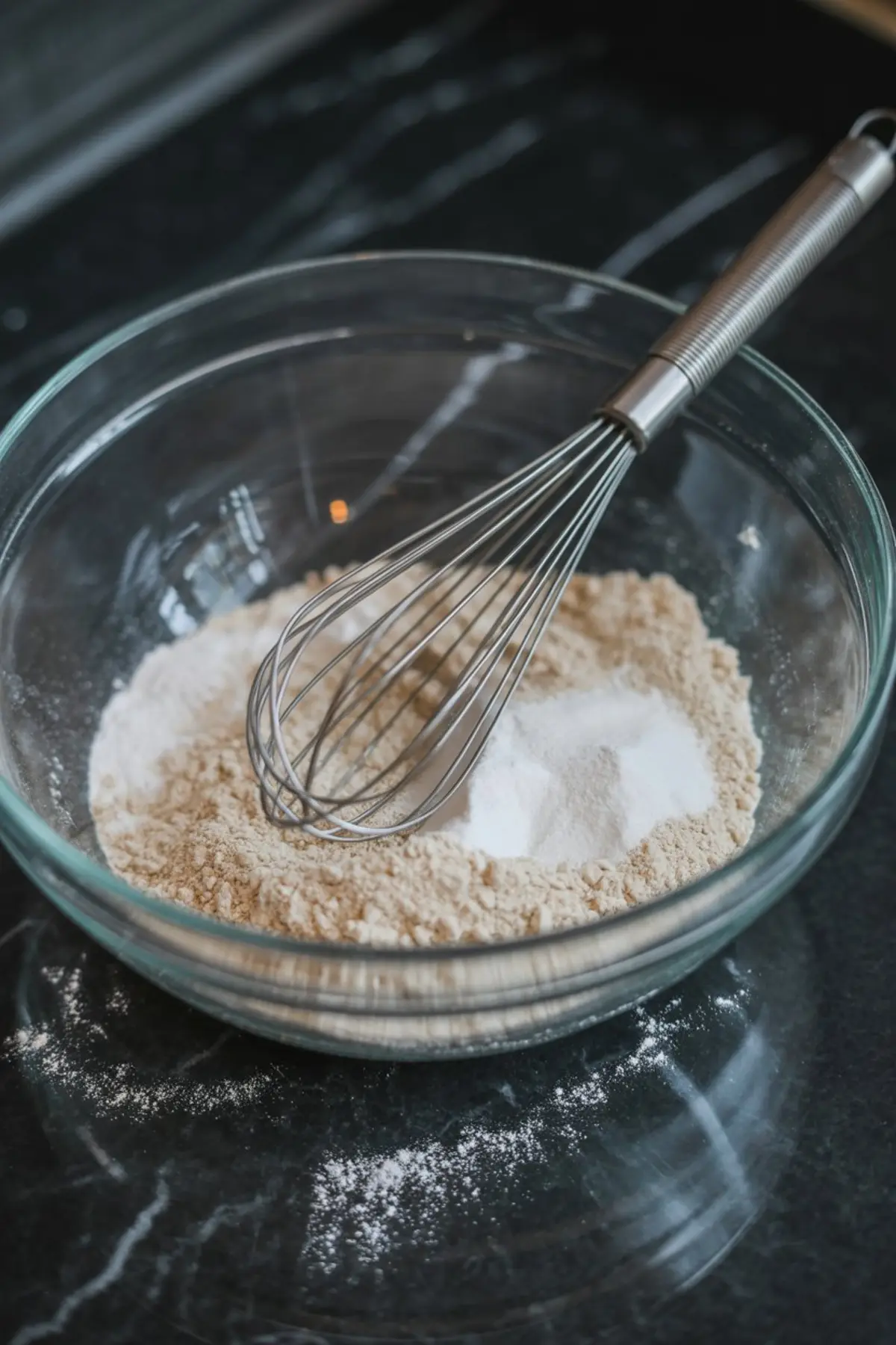 Glass bowl containing dry ingredients like flour, baking powder, and salt being mixed with a metal whisk.