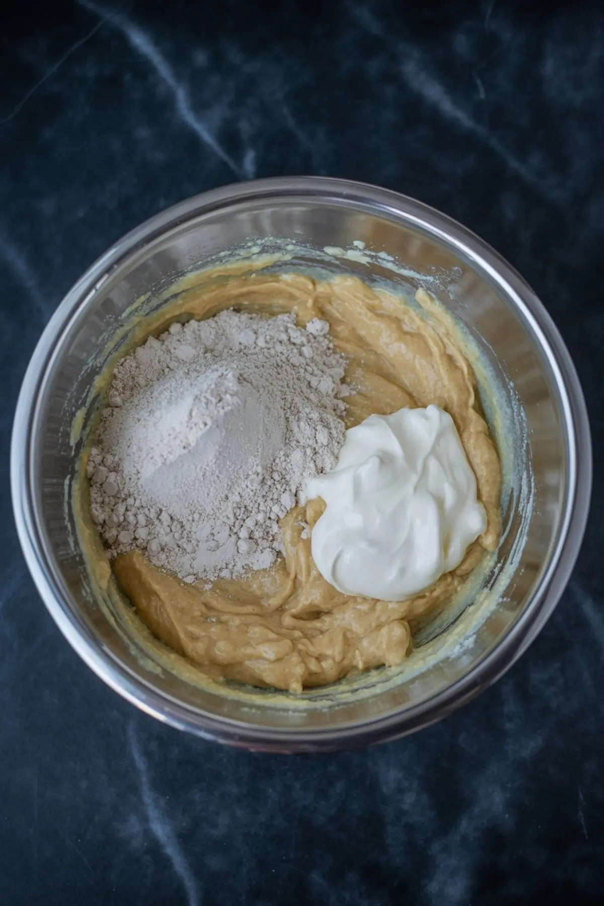 Metal bowl holding partially mixed cake batter with visible scoops of flour and sour cream on top.