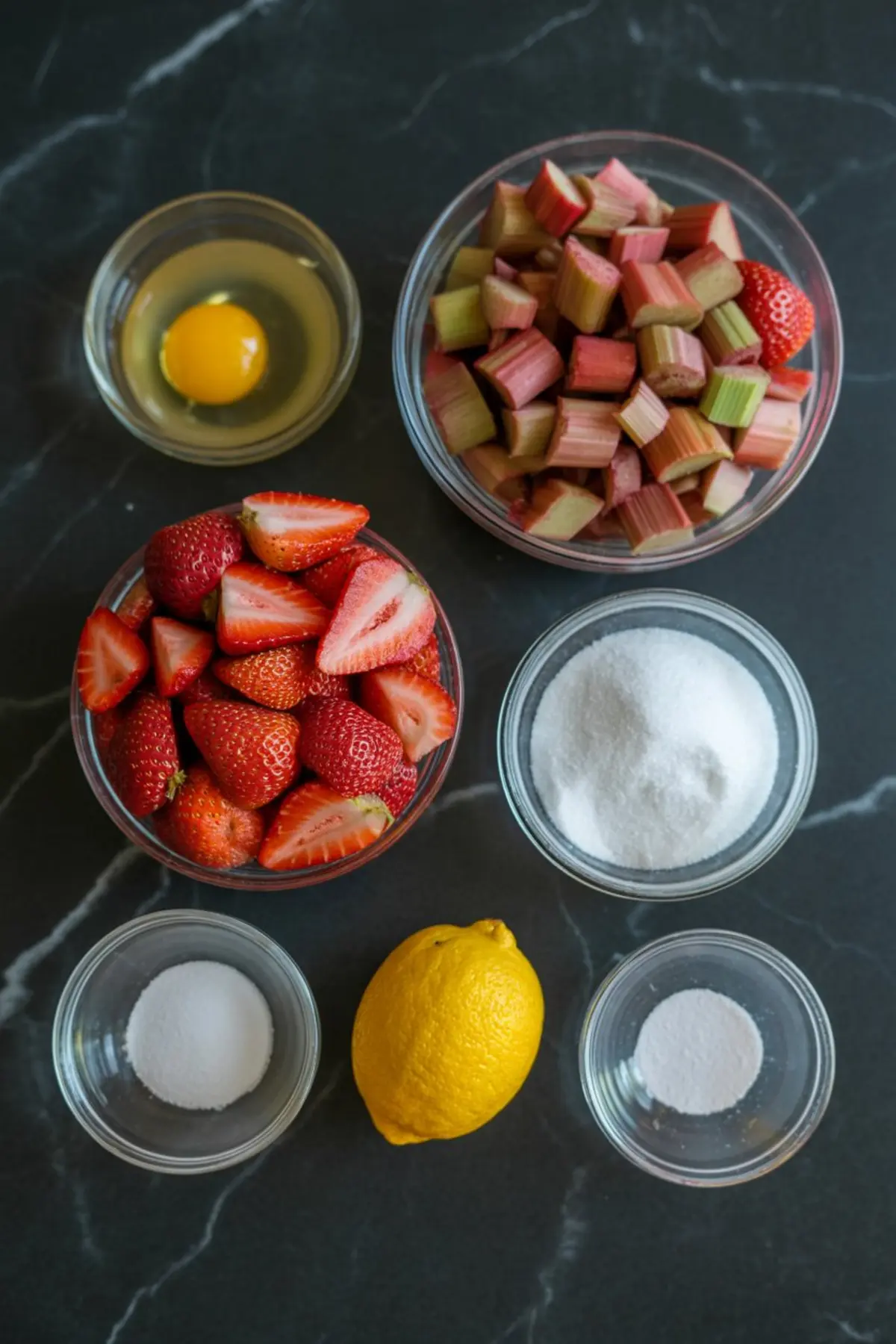 Flat lay of ingredients for strawberry rhubarb pie on dark marble, including strawberries, rhubarb, sugar, lemon, egg, salt, and cornstarch.
