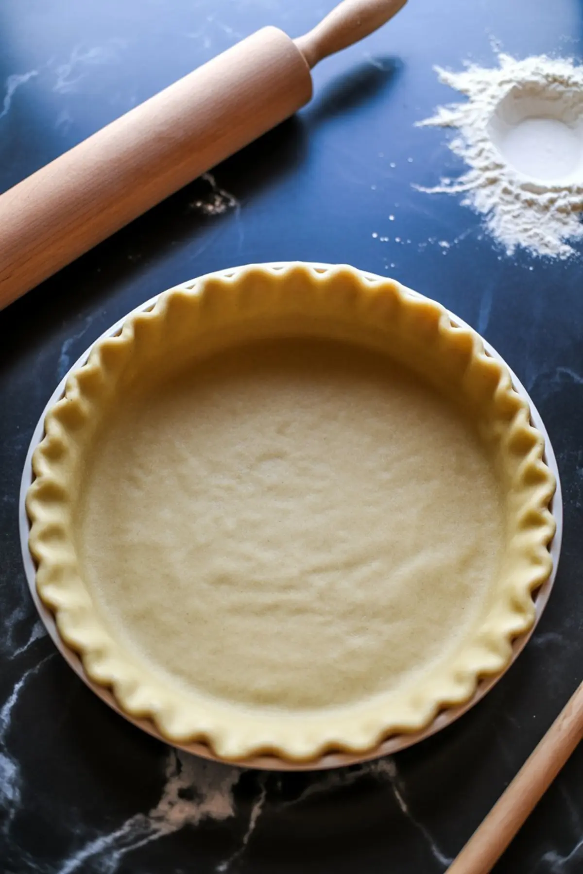 Unbaked pie crust with crimped edges in a ceramic pie dish on a floured surface next to a wooden rolling pin.
