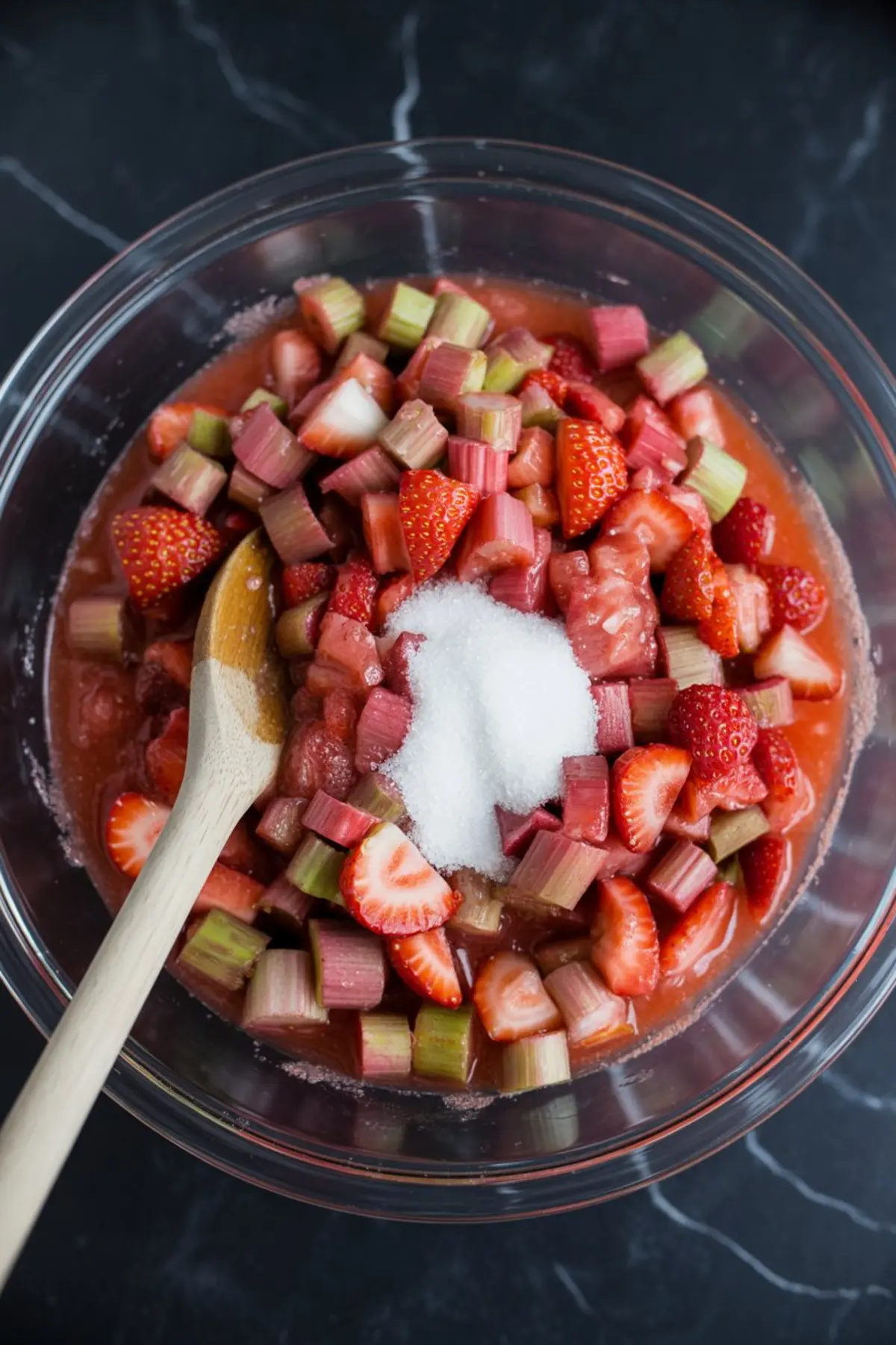 Glass bowl filled with chopped strawberries and rhubarb topped with granulated sugar, ready to be mixed for a strawberry rhubarb pie filling.
