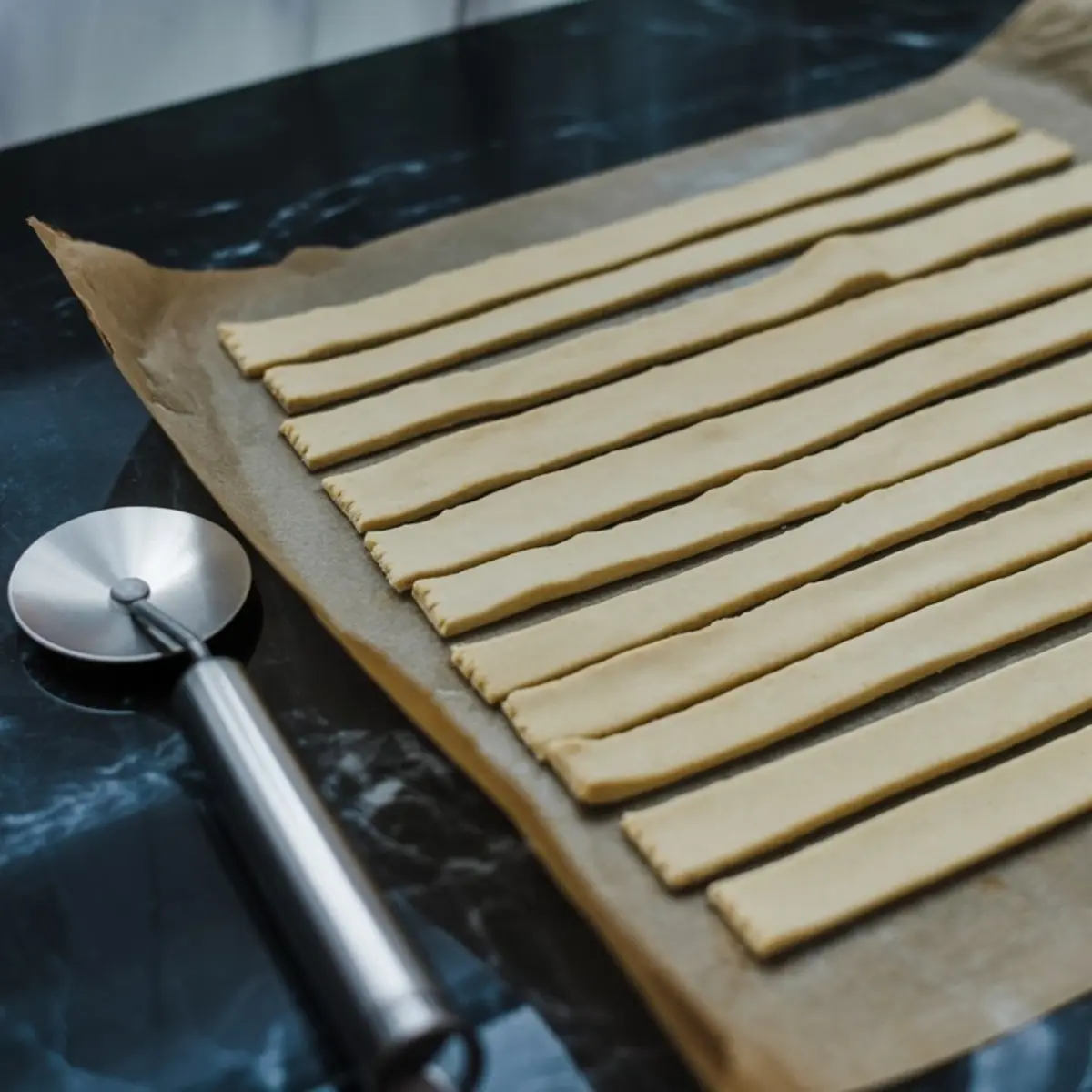 Parchment-lined surface with evenly cut pie dough strips beside a metal pastry cutter, prepared for a lattice pie crust.
