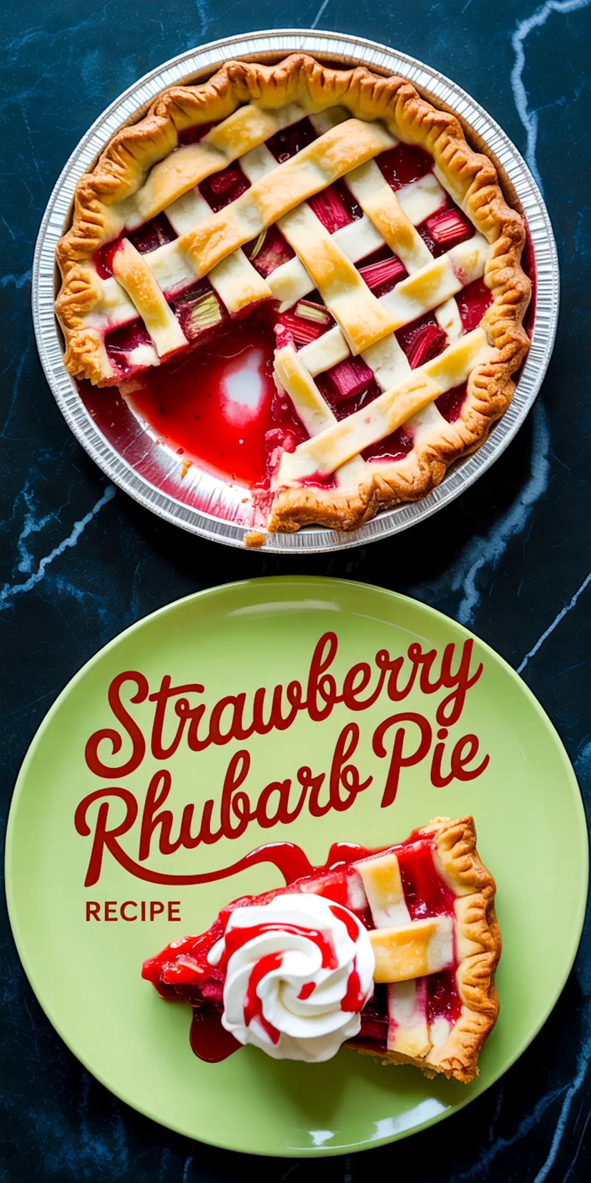 Pinterest collage of strawberry rhubarb pie with cut-out slice on a green plate topped with whipped cream, labeled "Strawberry Rhubarb Pie Recipe" in red script.