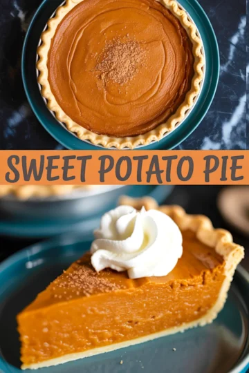 Homemade sweet potato pie recipe collage - whole pie and slice with whipped cream topping on blue plates, perfect fall dessert for Thanksgiving, holiday baking, easy sweet potato pie recipe