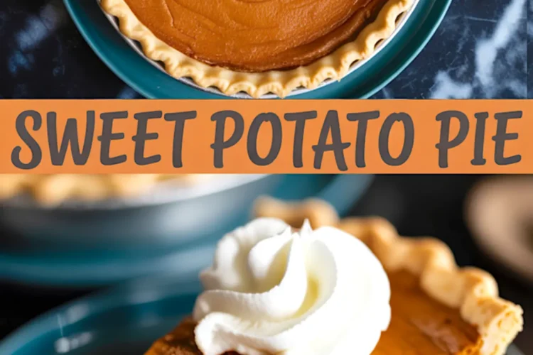 Homemade sweet potato pie recipe collage - whole pie and slice with whipped cream topping on blue plates, perfect fall dessert for Thanksgiving, holiday baking, easy sweet potato pie recipe