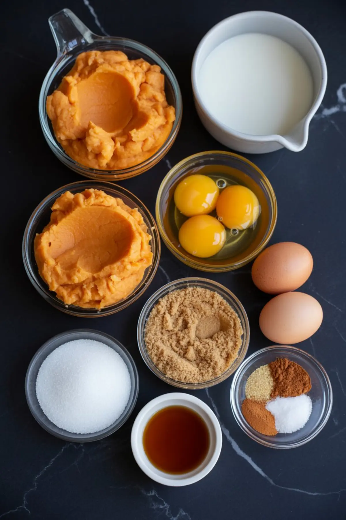 Overhead view of sweet potato pie ingredients arranged on a dark surface, including mashed sweet potatoes, milk, eggs, brown sugar, white sugar, vanilla extract, and a spice mix with cinnamon, nutmeg, ginger, and salt.