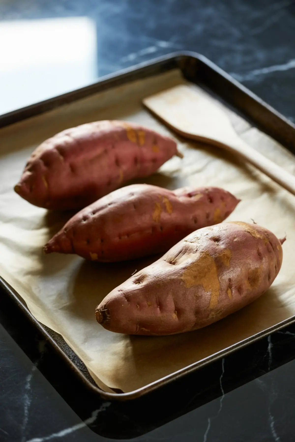 Three whole sweet potatoes with reddish-brown skin placed on a parchment-lined baking sheet, ready for oven roasting or baking.