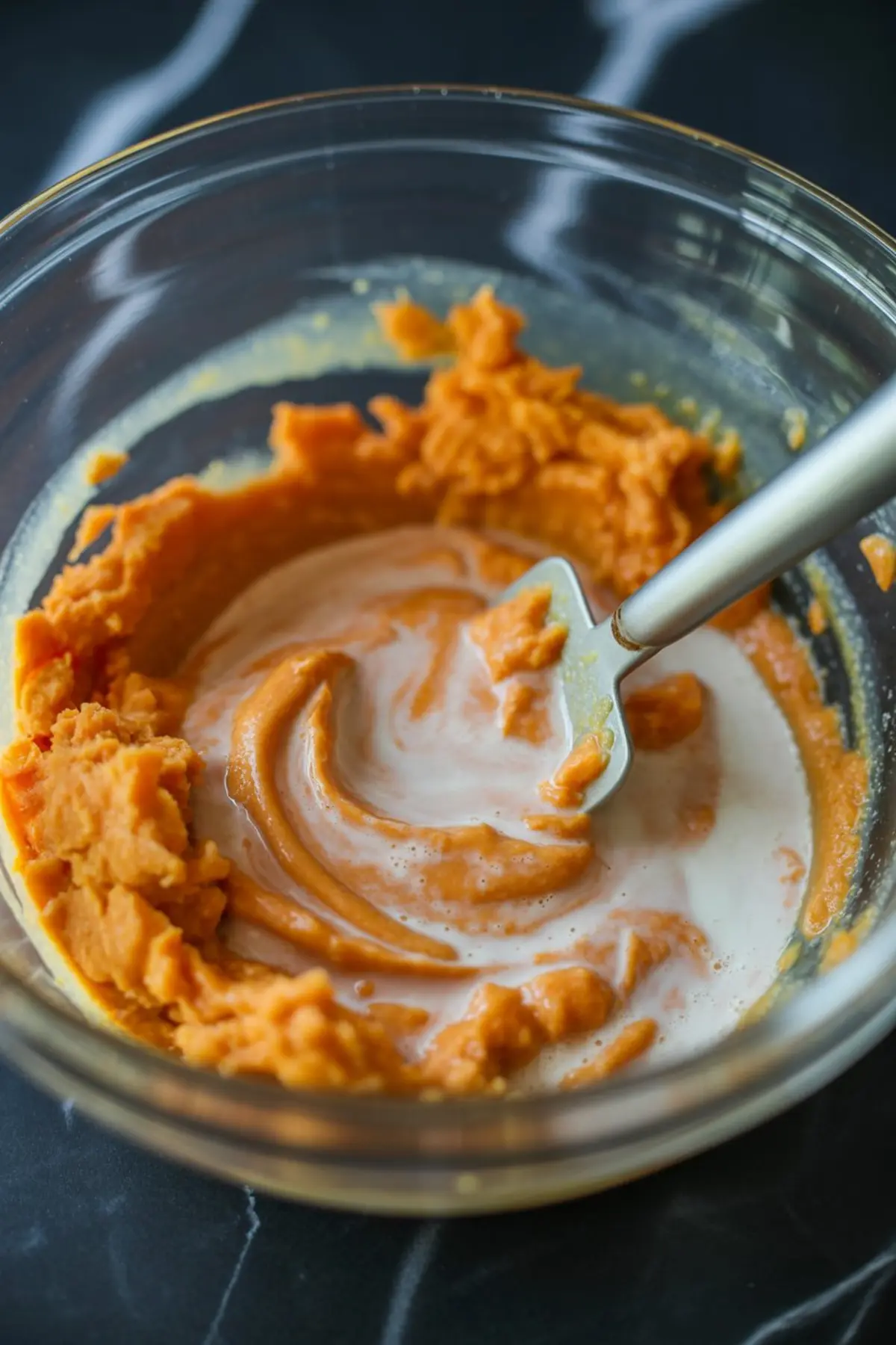 Mixing bowl containing mashed sweet potatoes and coconut milk being blended with a spatula, showcasing a step in making sweet potato pie filling or creamy side dishes.