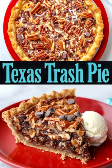 Collage of whole baked Texas Trash Pie topped with pecans and chocolate chips in a red pie plate, and a slice served with vanilla ice cream on a red plate.