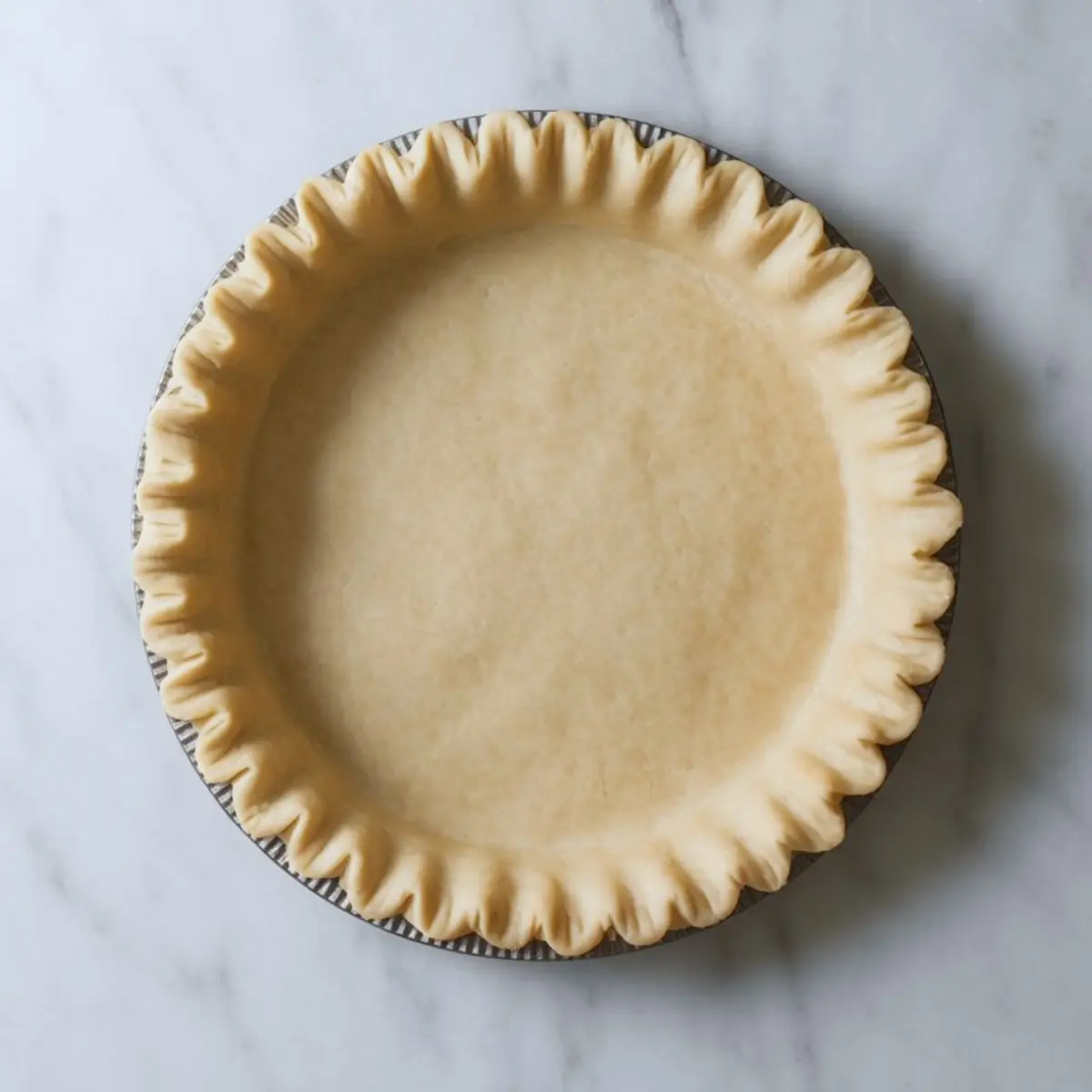 Unbaked pie crust with fluted edges pressed into a metal pie dish, set on a marble surface.
