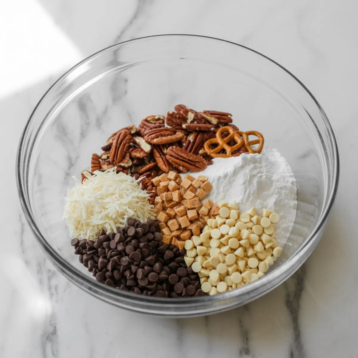 Clear glass bowl with unmixed ingredients for Texas Trash Pie, including pecans, pretzels, shredded coconut, butterscotch chips, white and dark chocolate chips, and powdered sugar on a marble background.