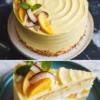 Collage of a round tropical cake with swirled yellow frosting and toasted coconut, and a plated slice showing layers of vanilla cake, mango pieces, and whipped filling on a dark teal plate.