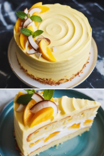 Collage of a round tropical cake with swirled yellow frosting and toasted coconut, and a plated slice showing layers of vanilla cake, mango pieces, and whipped filling on a dark teal plate.