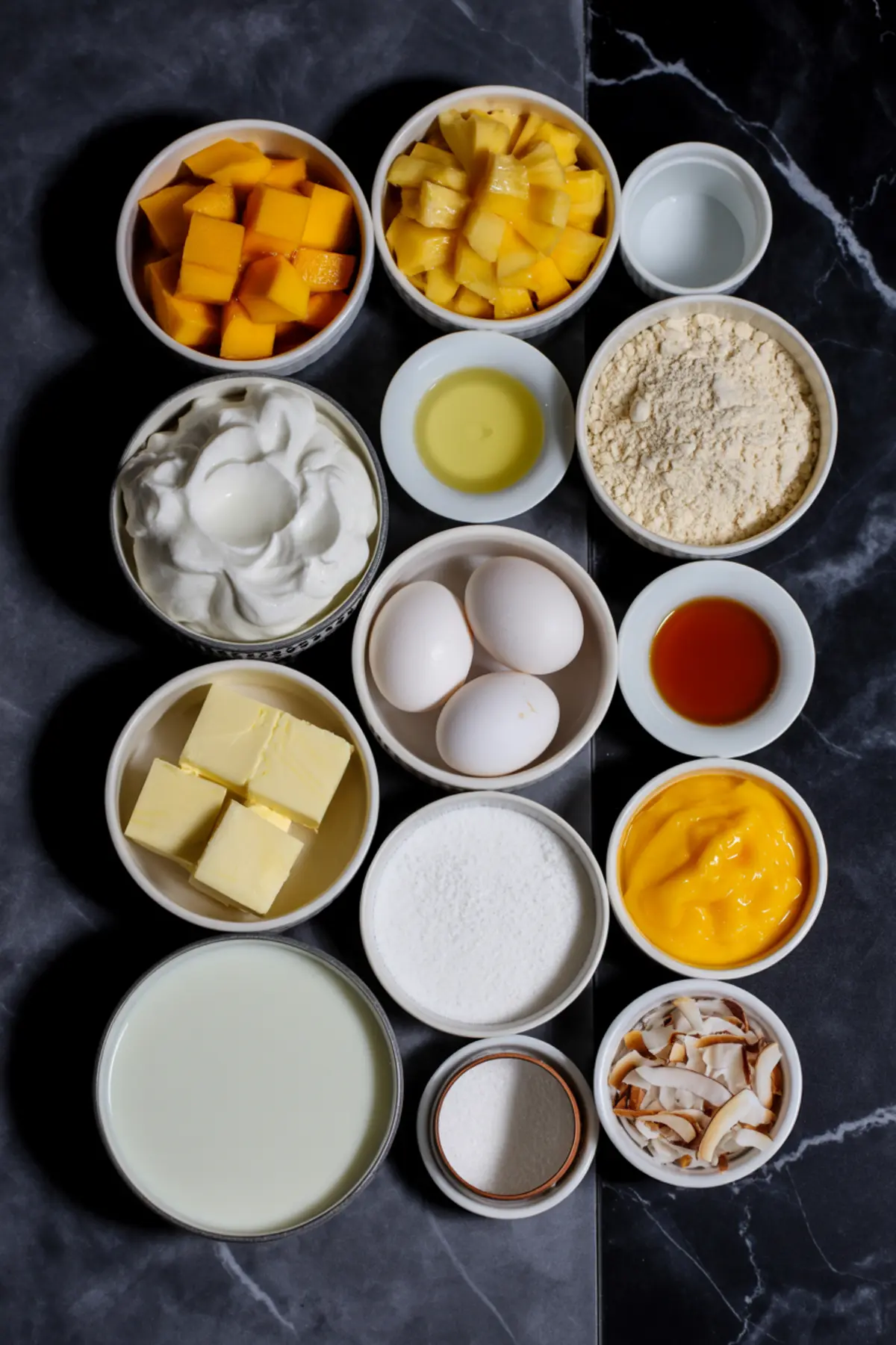 Flat lay of tropical cake ingredients in small bowls including mango chunks, pineapple, whipped cream, eggs, butter, sugar, flour, vanilla, coconut flakes, mango puree, milk, and oil on a split black and gray marble surface.