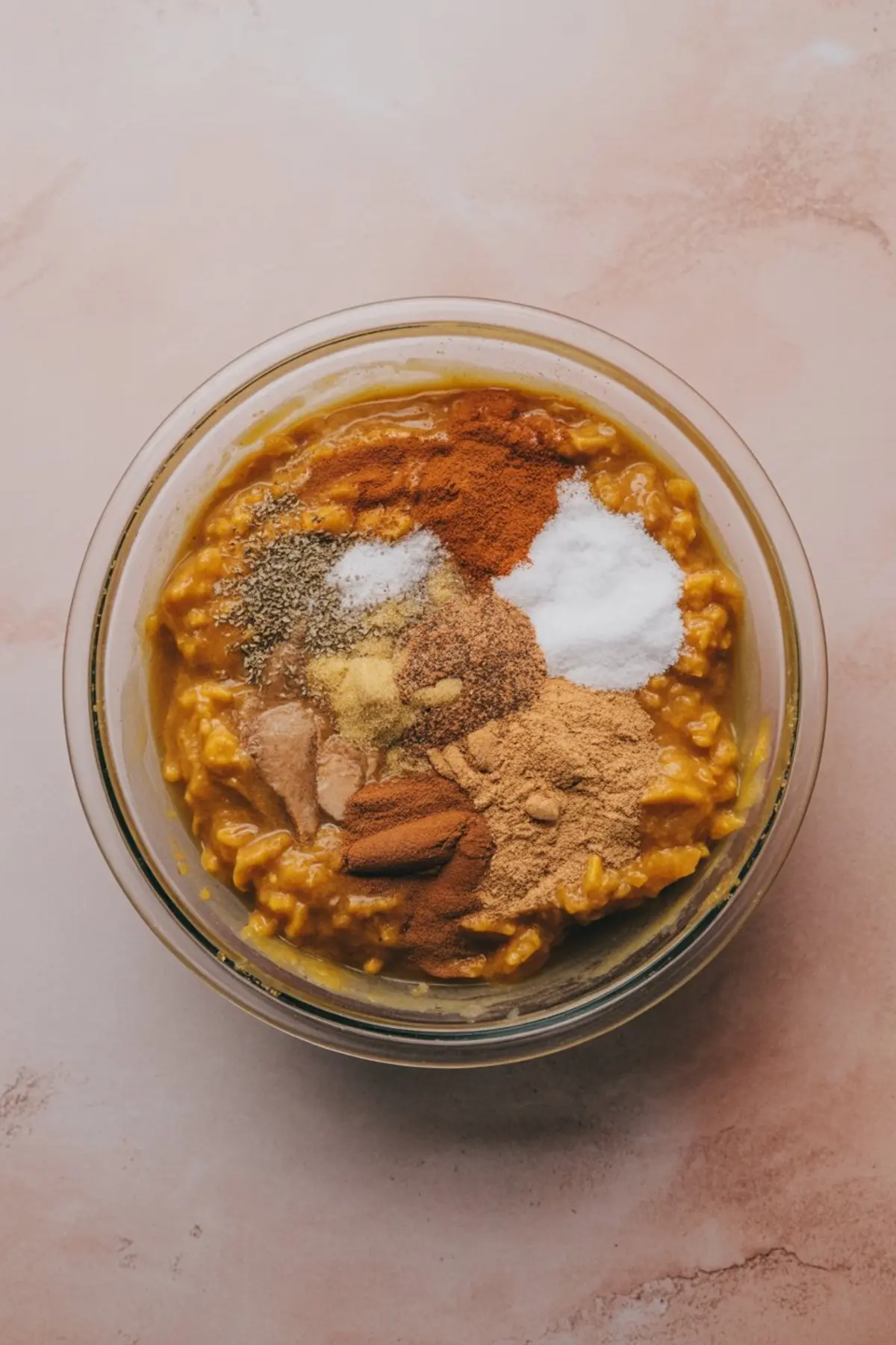 Overhead view of a glass bowl filled with pumpkin purée mixture topped with a colorful blend of spices including cinnamon, ginger, nutmeg, salt, and black pepper on a light pink surface.