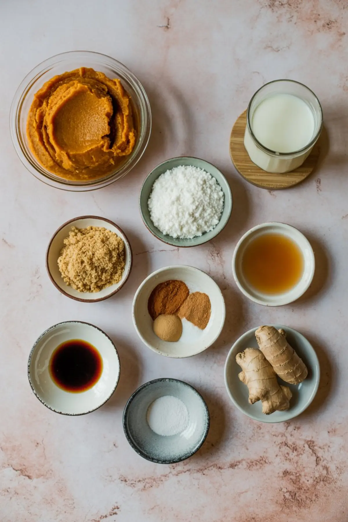 Flat lay of vegan pumpkin pie ingredients including pumpkin purée, brown sugar, powdered sugar, plant-based milk, fresh ginger, vanilla, apple cider vinegar, salt, cinnamon, nutmeg, and ground ginger.
