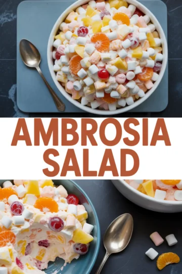 Collage featuring bowls of ambrosia salad with marshmallows, pineapple, mandarins, and cherries, with text overlay “Best Ambrosia Salad.”