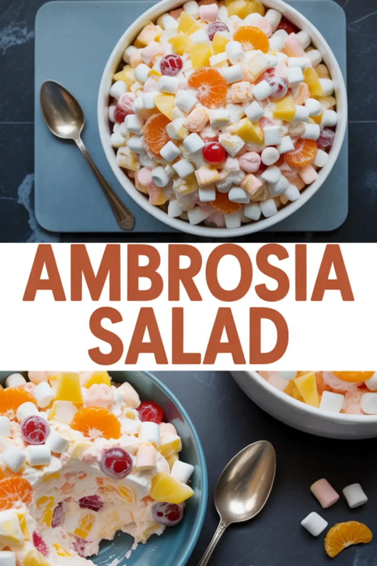 Collage featuring bowls of ambrosia salad with marshmallows, pineapple, mandarins, and cherries, with text overlay “Best Ambrosia Salad.”