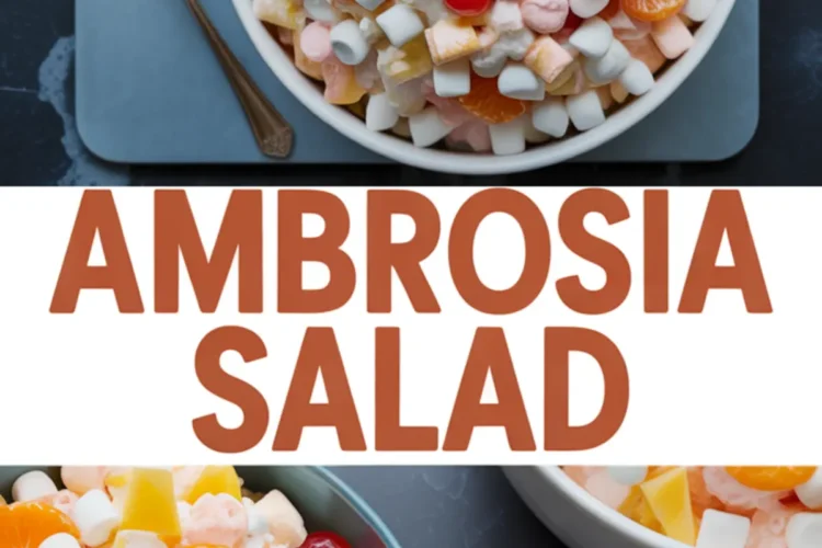 Collage featuring bowls of ambrosia salad with marshmallows, pineapple, mandarins, and cherries, with text overlay “Best Ambrosia Salad.”