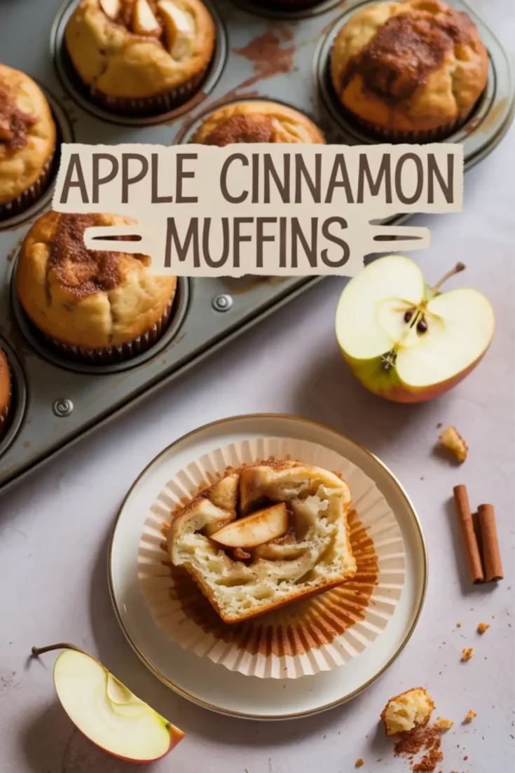 Freshly baked apple cinnamon muffins in a muffin tin, with one sliced muffin on a plate showing soft crumb and apple chunks, surrounded by apple slices and cinnamon sticks on a light surface.