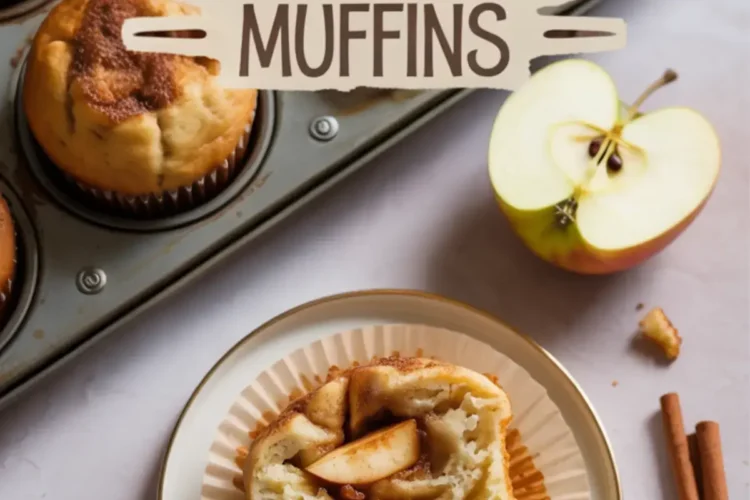 Freshly baked apple cinnamon muffins in a muffin tin, with one sliced muffin on a plate showing soft crumb and apple chunks, surrounded by apple slices and cinnamon sticks on a light surface.