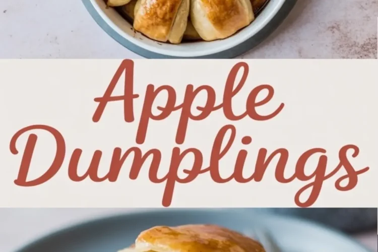 A collage showing a baking dish of golden apple dumplings and a close-up of a dumpling cut open, revealing warm cinnamon apple filling, with text reading “Apple Dumplings.”