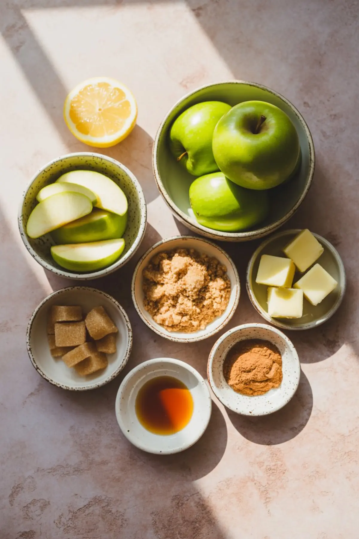 Fresh Granny Smith apples with lemon, brown sugar, butter, cinnamon, vanilla, and sugar cubes arranged in small bowls on a light surface.
