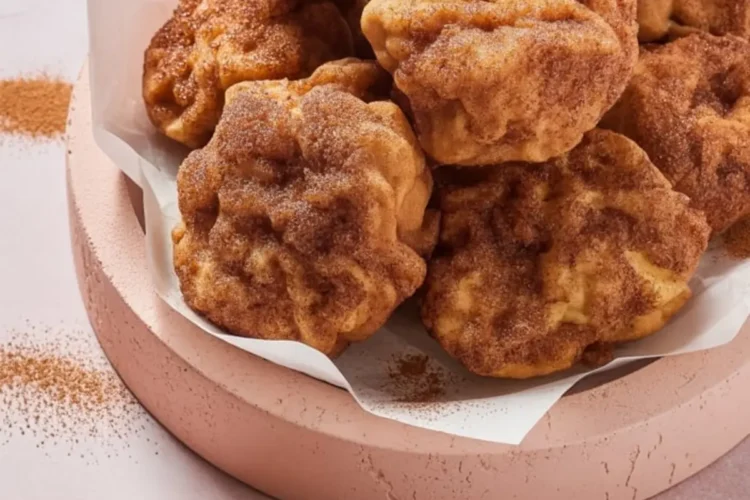 Stack of freshly fried apple fritters covered in cinnamon sugar, placed in a parchment-lined bowl with one fritter broken open to show the tender apple-filled interior.