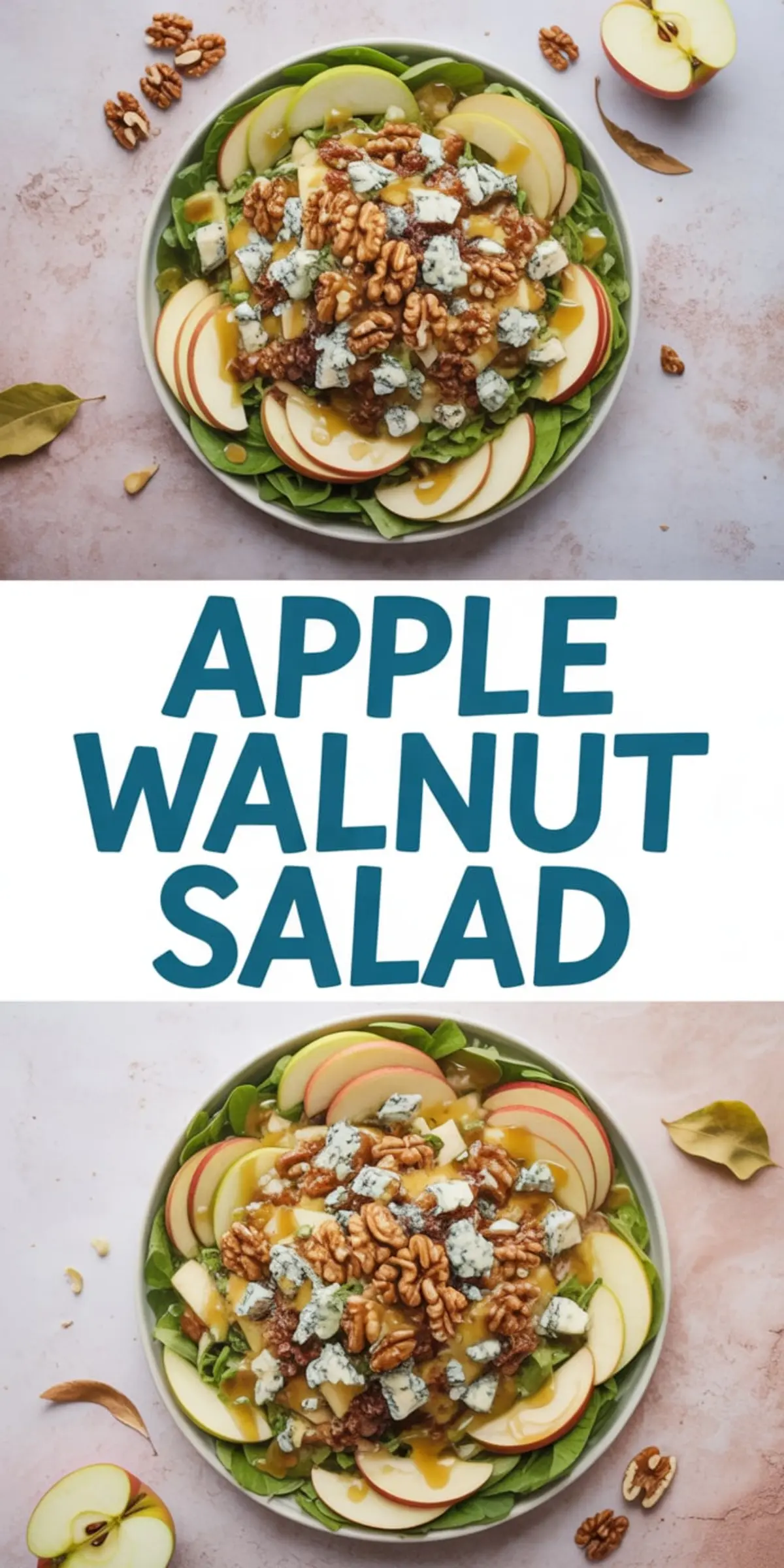 Overhead collage showing a vibrant apple walnut salad with baby spinach, red and green apple slices, crumbled blue cheese, crunchy walnuts, and a drizzle of honey mustard dressing.