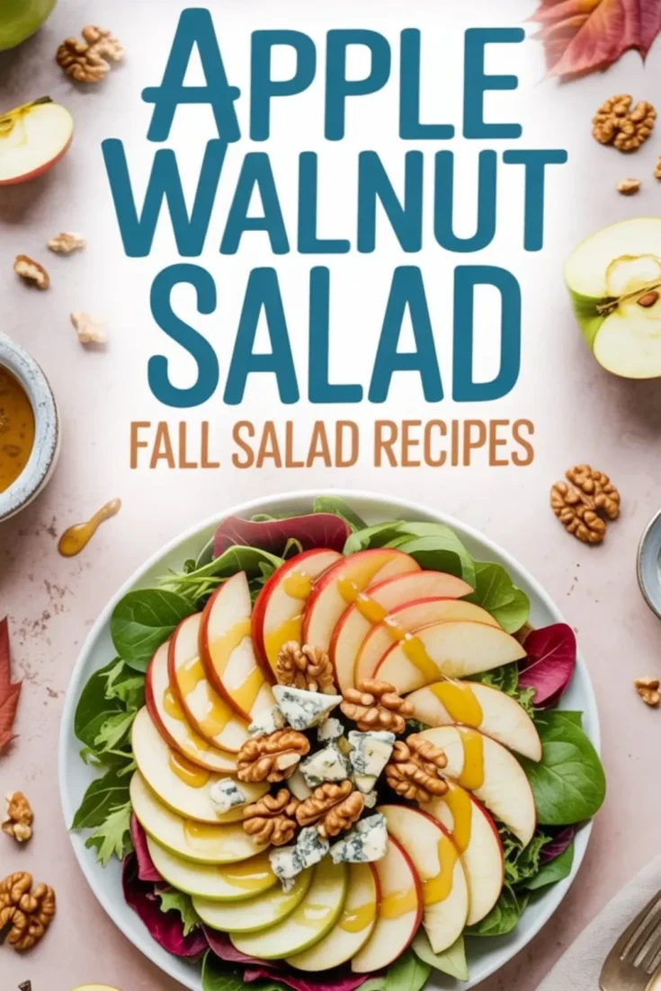 Fresh apple walnut salad plated with mixed greens, arranged red and green apple slices, blue cheese chunks, and whole walnuts, surrounded by fall-themed props and a mustard vinaigrette.