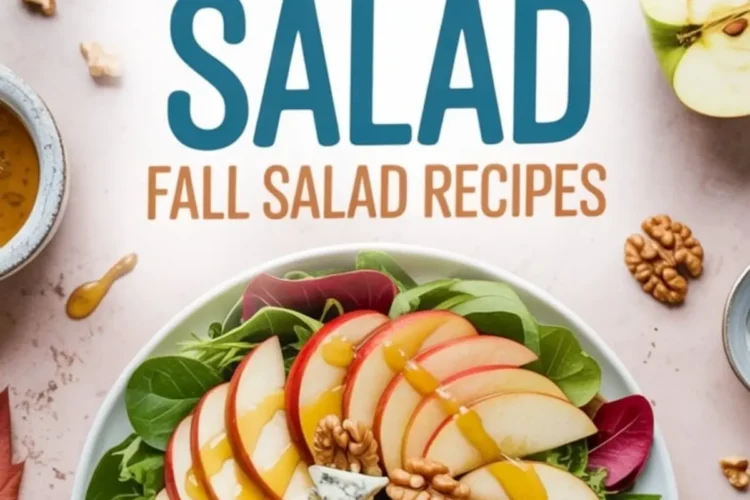 Fresh apple walnut salad plated with mixed greens, arranged red and green apple slices, blue cheese chunks, and whole walnuts, surrounded by fall-themed props and a mustard vinaigrette.