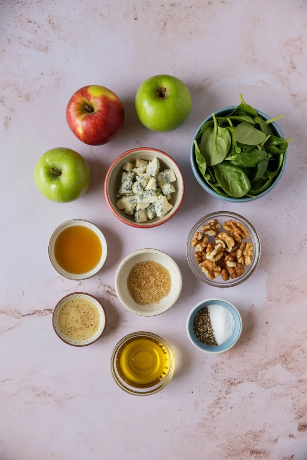 Flat lay of apple walnut salad ingredients including green and red apples, blue cheese, spinach, walnuts, apple cider vinegar, Dijon mustard, olive oil, brown sugar, salt, and black pepper.