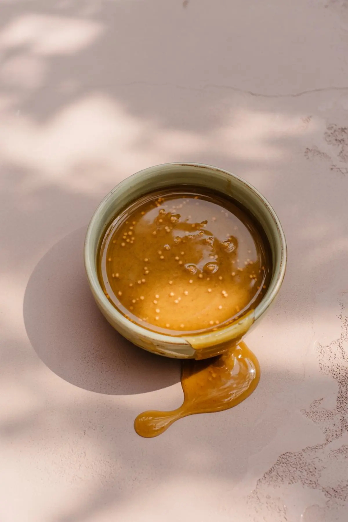 Close-up of honey mustard vinaigrette in a ceramic bowl with a spill on the pink surface, showcasing its rich texture and speckled mustard seeds.